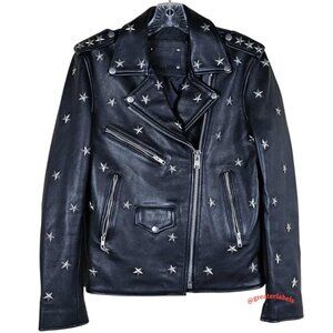 Understated Star-Studded Black Leather Biker Jacket $900 Size S RARE